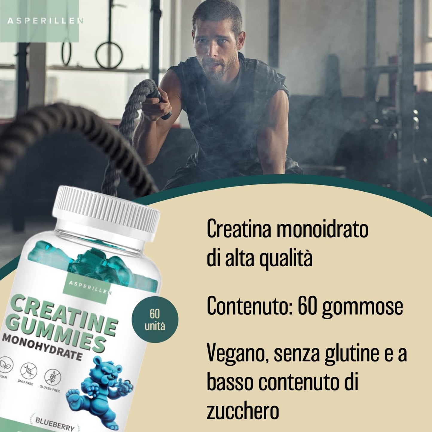 Creatina Monoidrato in Gommose - 2000 Mg di Creatina Monoidrata per Dose - Creatina Vegana Senza Glutine - Creatine Gummies - 60 Unità al Gusto di Mirtillo