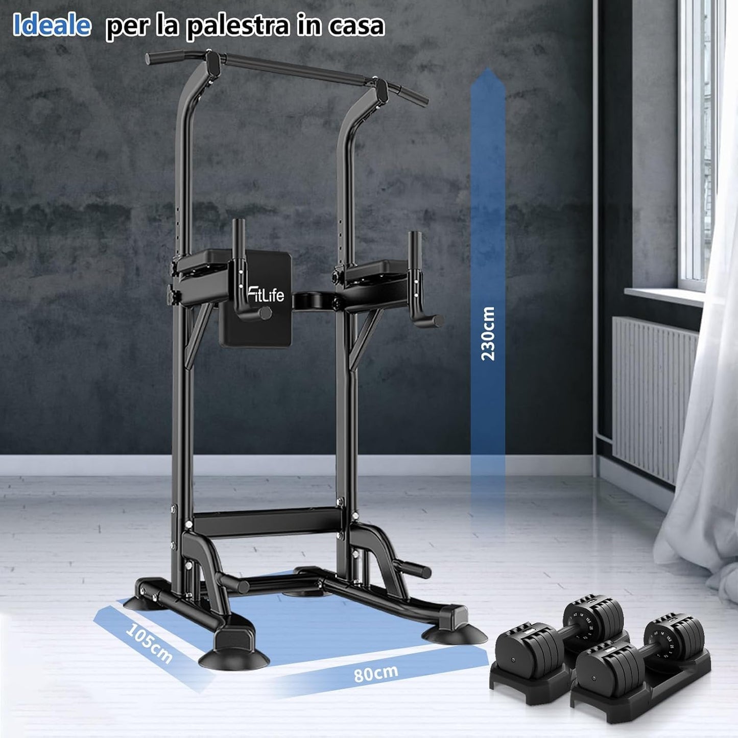 DH FitLife Power Tower Dip Station, Attrezzatura sportiva con barra per trazioni, barre e allenamento della schiena, Stazione di forza, Stazione fitness, Power Rack, Allenamento di forza a casa