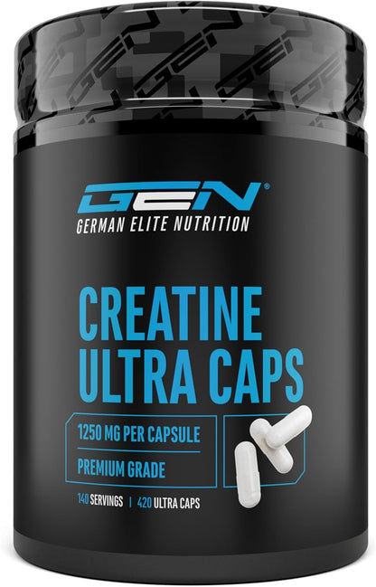 Creatine Ultra Caps - 420 capsule con 1250 mg ciascuna di creatina monoidrato pura - Premium: Ultrafine + Mesh Factor di 200 - Dose elevata