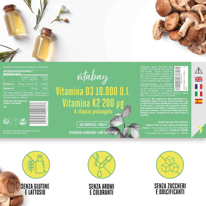 Vitabay Vitamina D3 10000 UI e Vitamina K2 200 mcg 180 compresse vegane - Rilascio prolungato e alto dosaggio - Vitamina K e Vitamina D3 Vegan All-Trans 99,99% - Vitamina D3 K2 Vitamina D Integratori