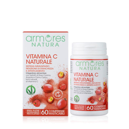 Armores Natura Integratori Alimentari, Vitamina C Naturale, Integratore a Base di Vitamina C da Acerola, Rosa Canina e Camu Camu, Aroma naturale Arancia, Vegano, 60 Compresse Masticabili