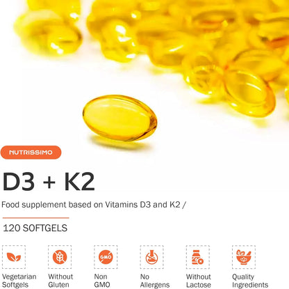 NUTRISSIMO Vitamina D e Vitamina K (D3+K2) | 120 Softgels | 2000 UI D3 + 100µg K2 (PHARMAQUINONE®) | Supporto per Ossa, Muscoli, Denti e Sistema Immunitario