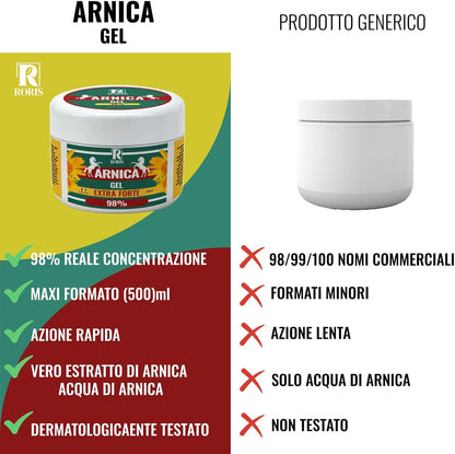 Roris Arnica per cavalli uso umano, gel extra forte 98%, 500ml made in italy, estratto di arnica,azione calmante e rilassante, assorbimento rapido, non unge