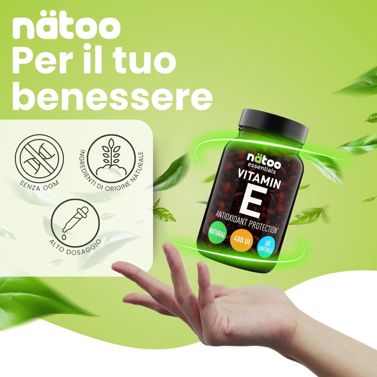 NÄTOO Vitamina E 268mg (400UI) Softgel 60 perle. Integratore naturale (D-Alfa-Tocoferolo) - Vitamina E Pura potente antiossidante - Alto dosaggio 2233% del VNR