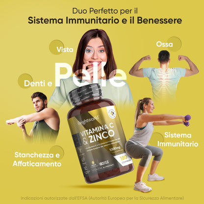 Vitamina C 1000mg e Zinco, 1 Compressa al Giorno, Sistema Immunitario, Pelle, Ossa, Unghie, Capelli, Vitamina C e Zinco Bisglicinato, Acido Ascorbico Vitamina C, Zinco Integratore con Vitamina C Pura