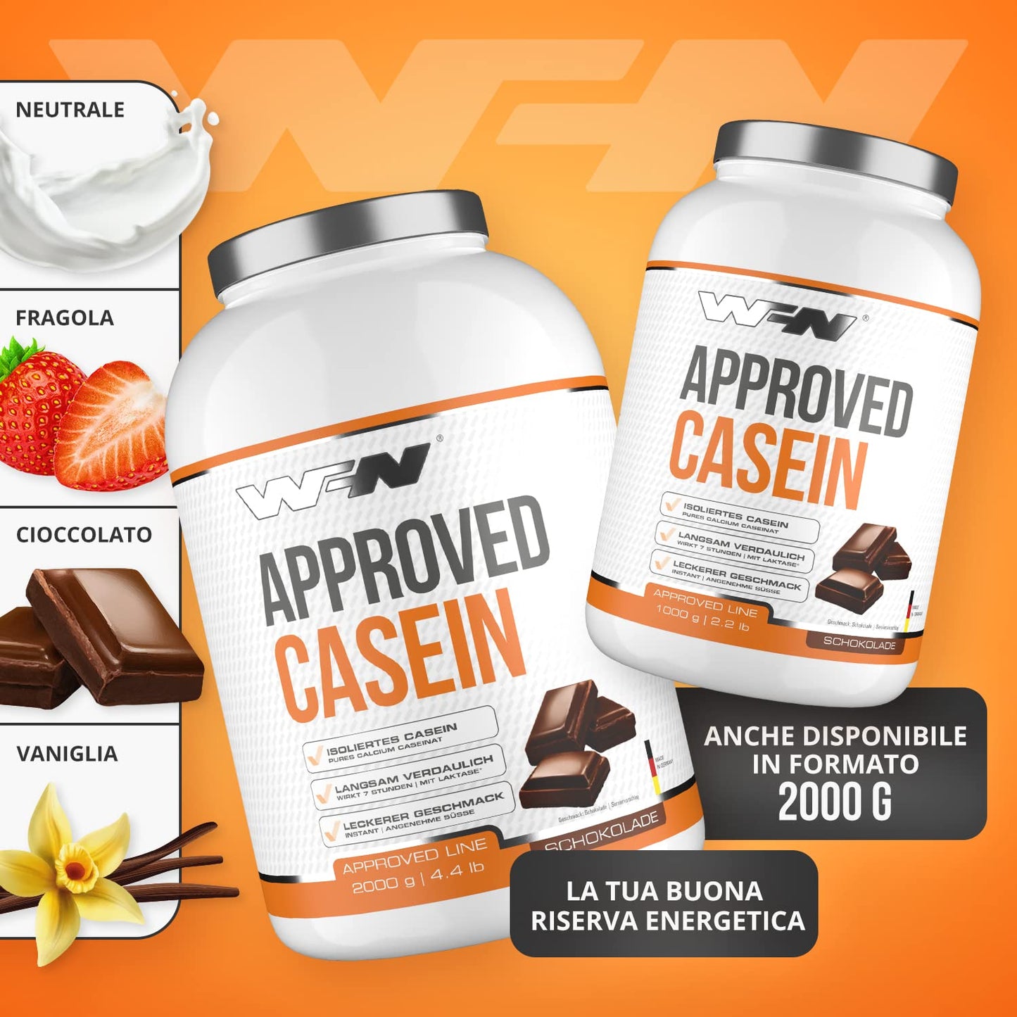 WFN Approved Casein - Neutro - 1 kg - Proteine della caseina con lattasi - Proteina in polvere cremosa - Molto solubile - Prodotto in Germania - Testato in laboratorio esterno