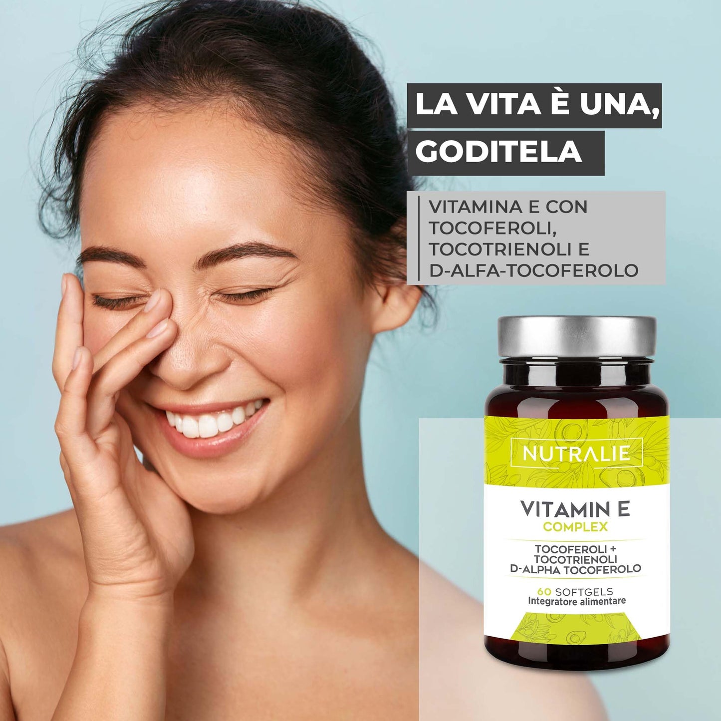 Vitamina E Pura - Tocoferolo Naturale Massimo Assorbimento - Antiossidante Pelle e Anti-aging - Vitamina E Tocoferolo + Tocotrienolo - Vitamina E Capsule per Viso | 60 Capsule Molli Nutralie