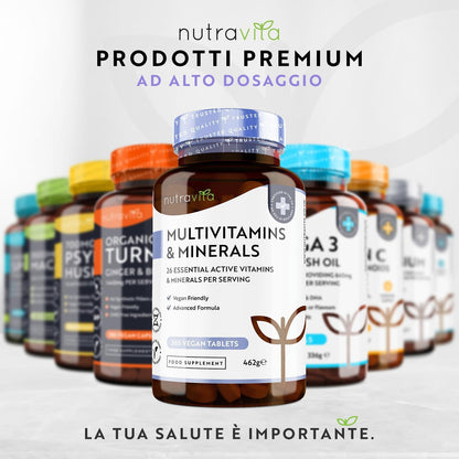 Multivitaminico e Minerali - 365 Compresse Vegane (Fornitura di 1 anno) - Multivitaminico Completo con 26 Vitamine e Minerali Essenziali - Integratore Multivitaminico Uomo e Donne - Nutravita