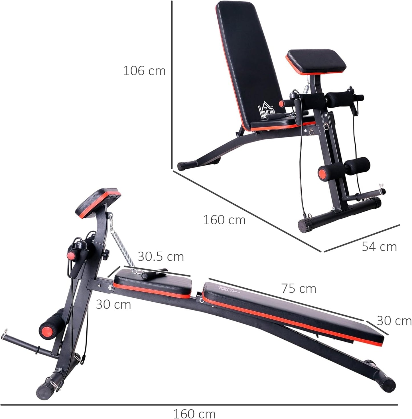 HOMCOM Panca Multifunzione Regolabile per Addominali, Panca Pesi Palestra per Allenamento Braccia e Gambe 54x160x106cm, Nero e Rosso