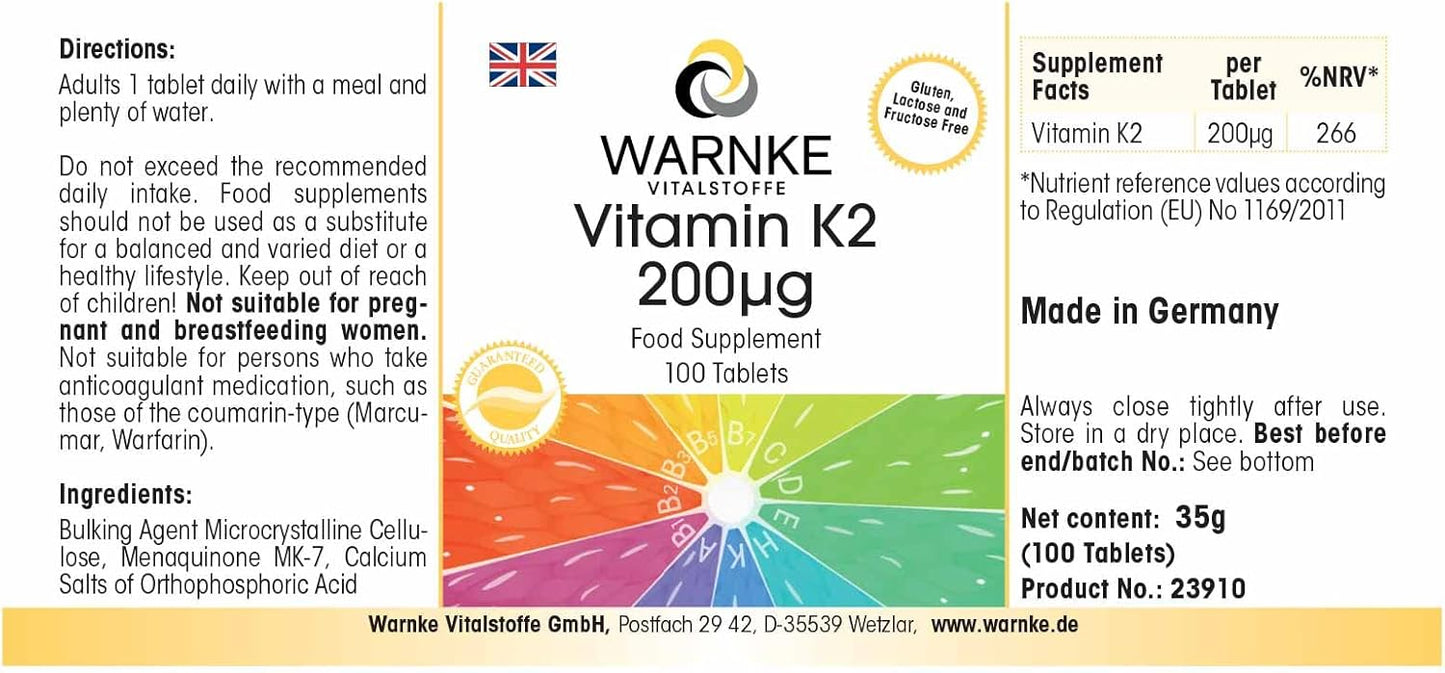 Vitamina k2 mk7 200 mcg - 100 compresse - Menachinone naturale MK-7 - vegan | Warnke Vitalstoffe - Qualità da farmacia tedesca