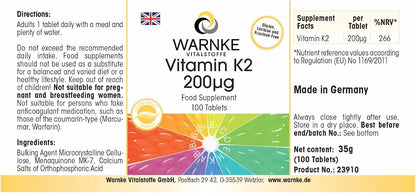 Vitamina k2 mk7 200 mcg - 100 compresse - Menachinone naturale MK-7 - vegan | Warnke Vitalstoffe - Qualità da farmacia tedesca