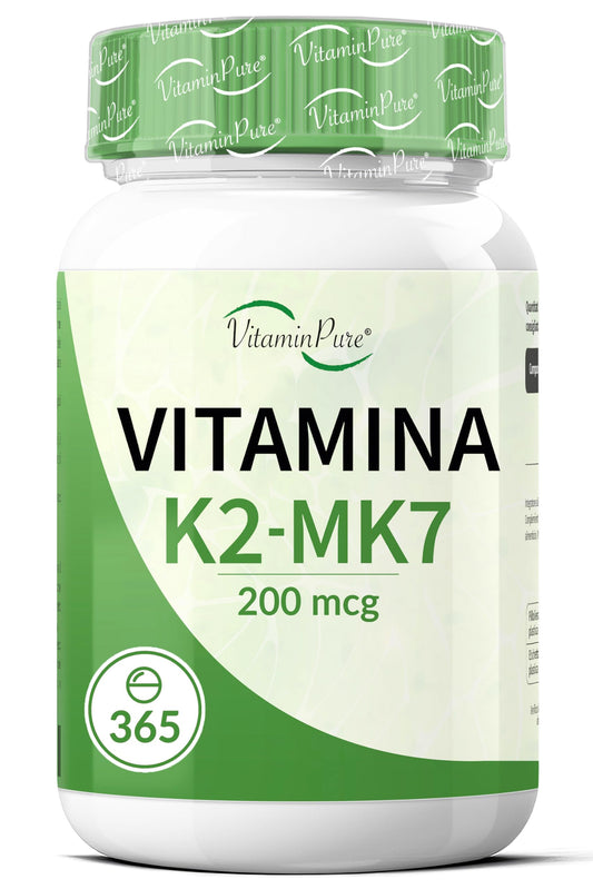 VitaminPure VITAMINA K2 MK-7 200mcg All Trans, 365 Compresse Vegane di Origine Naturale (Natto), Scorta 1 Anno, Vit K2 Menachinone MK-7