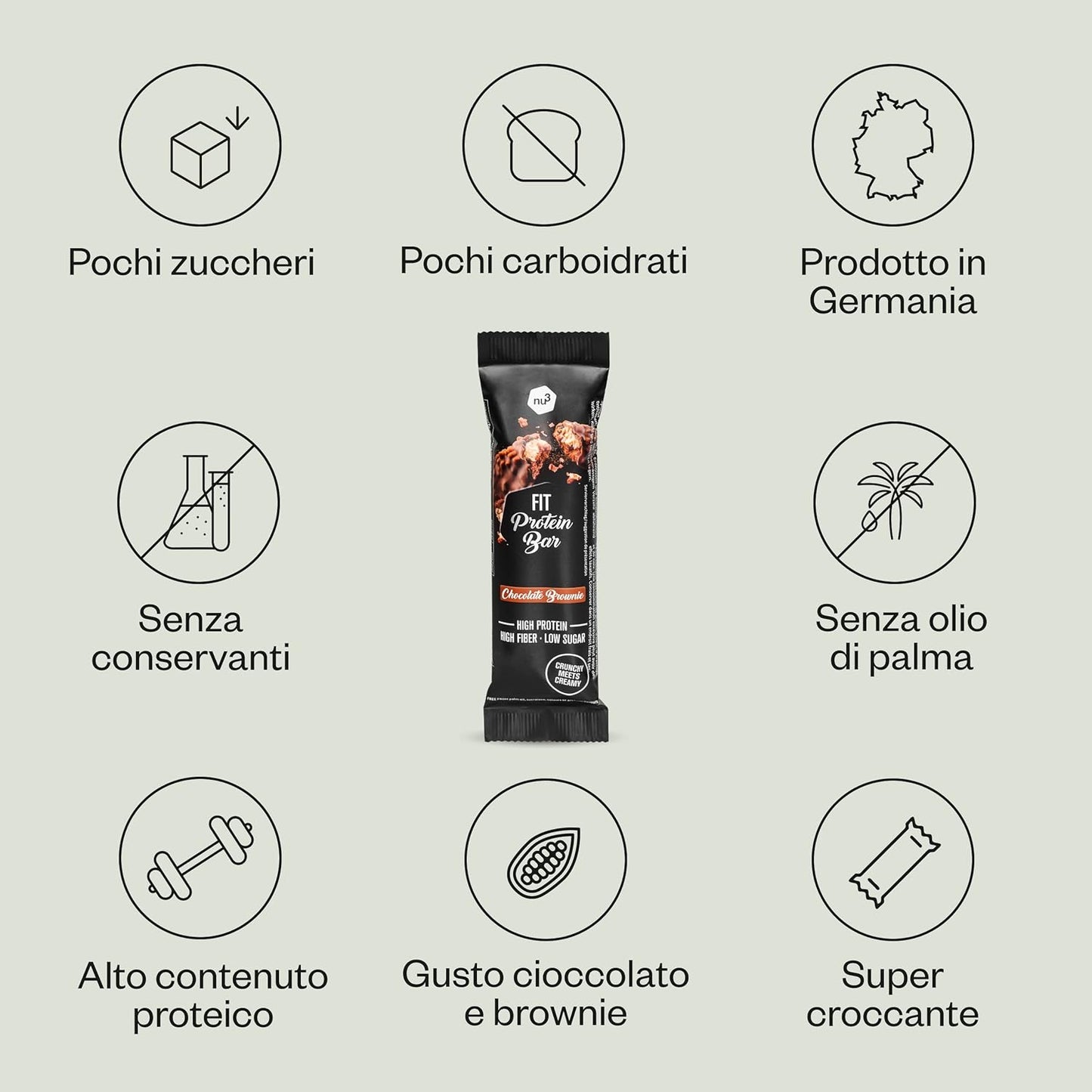 nu3 Fit Protein Bar - Barrette proteiche al gusto brownie al cioccolato - Confezione 12x 55g - Barrette proteica senza olio di palma – Pochi zuccheri – Snack low carb tra un pasto e l’altro