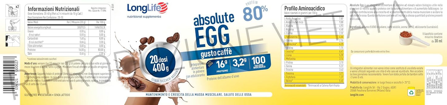 LongLife® Absolute Egg Caffè | Integratore di proteine (80%) | Polvere aroma caffé | Salute delle ossa | Senza glutine e vegetariano