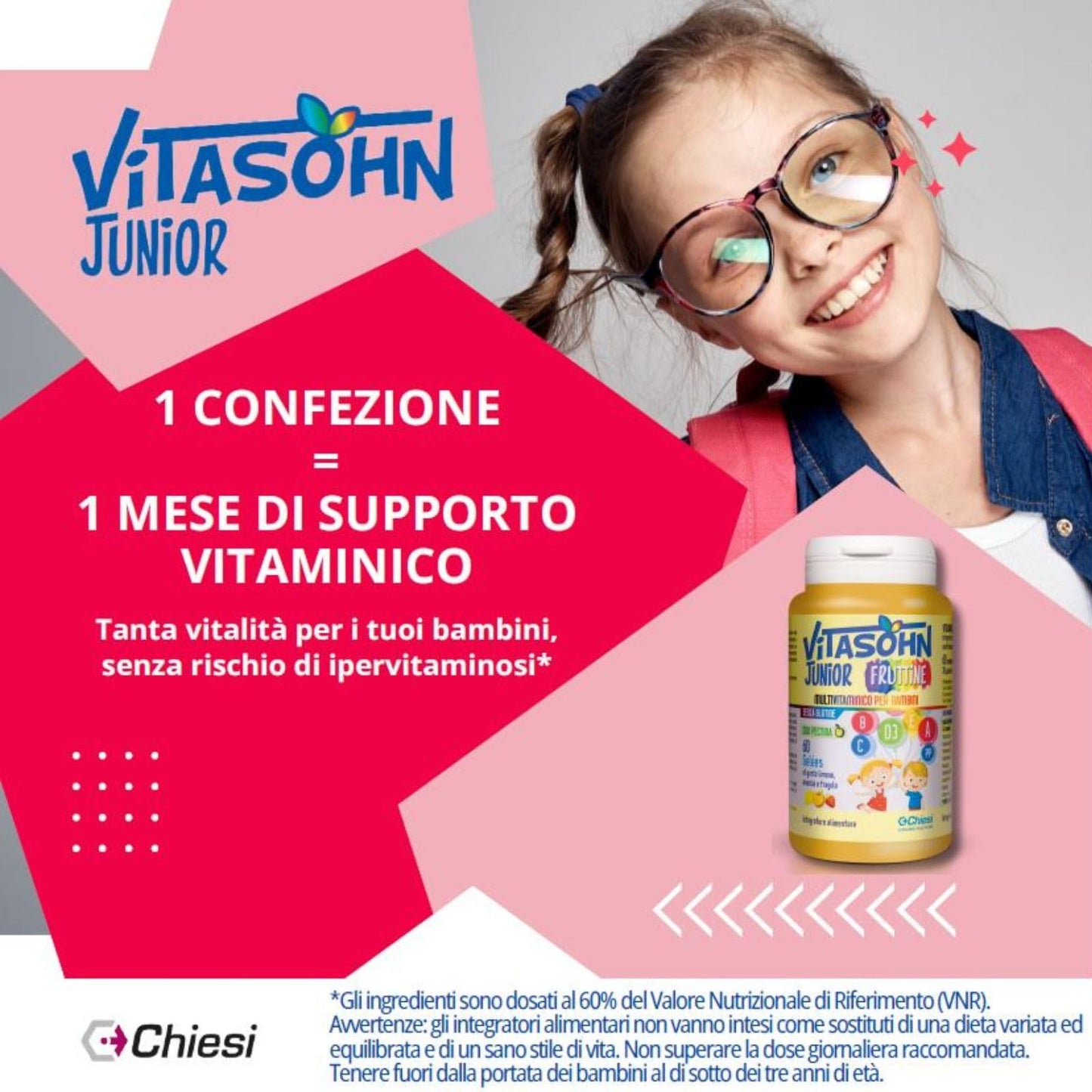 Chiesi, Vitasohn JuniorFruttine - Integratore Alimentare Multivitaminico per Bambini, Senza Glutine, con Pectina, Gusto Limone, Arancia e Fragola - Confezione da 60 caramelle gelées