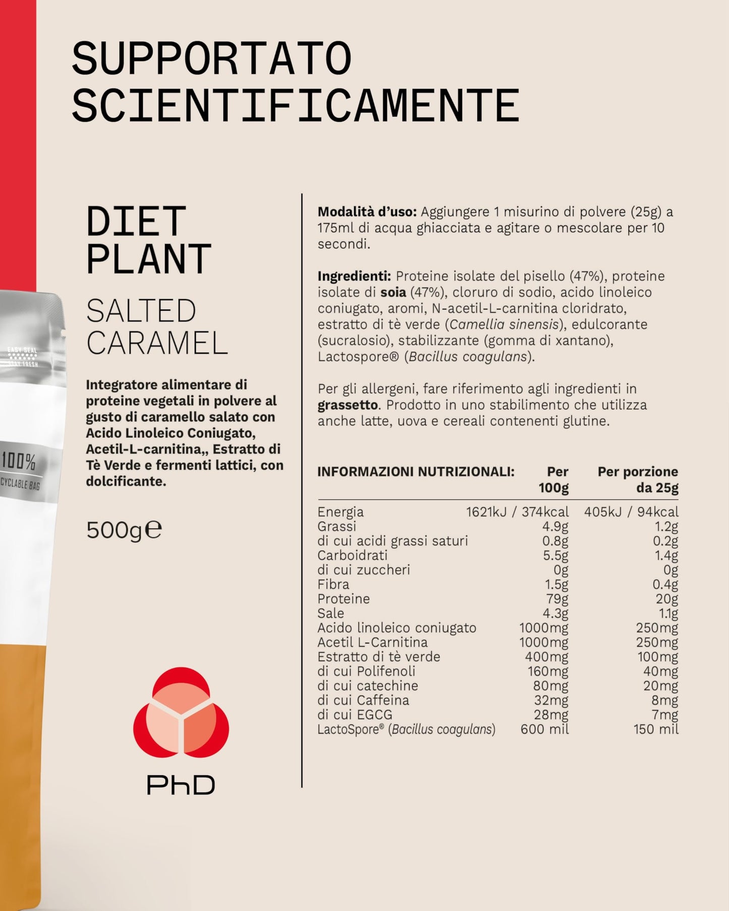 PhD Nutrition Diet Plant Proteine in polvere vegane 500g Caramello Salato, High Protein Powder con 20g di proteine per porzione, Con CLA e carnitina