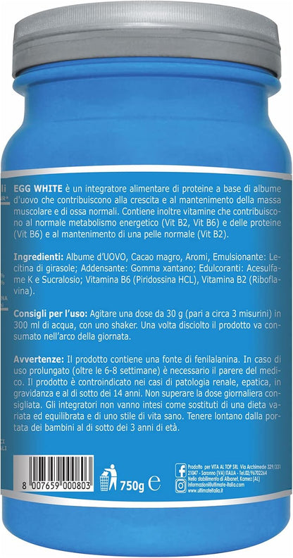 Ultimate Italia Egg White – Proteine di Albume dell'Uovo - Integratore Alimentare di Proteine a Base di Albume d'Uovo – con Vitamine B2 e B6 – Nutre la Massa Magra - Gusto Cacao, 750 Grammi