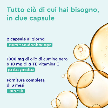 Olio di Cumino Nero 1000mg Puro Spremuto a Freddo, 180 Capsule, Cumino Nigella Sativa Ricco di Omega 6 e Vitamina E, Senza Glutine e Lattosio, Supporto per Difese Immunitarie e Benessere Cellulare