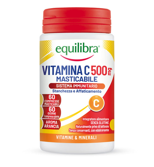 equilibra Integratori Alimentari, Vitamina C 500 mg, Integratore per la Normale Funzione del Sistema Immunitario, Riduce Stanchezza e Affaticamento, Aroma Arancia, 60 Compresse Masticabili