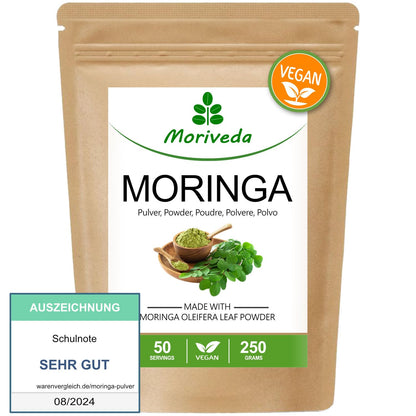 Moringa in polvere 250g - Vegan e senza glutine - La polvere di foglie di oleifera contiene vitamine, proteine, aminoacidi, micronutrienti con la massima biodisponibilità - da MoriVeda - 1 x 250g