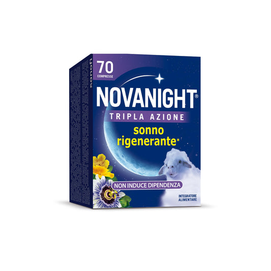 Novanight Tripla Azione Melatonina per Dormire, Integratori per Dormire, Disturbi del Sonno - Senza Glutine, con Melatonina, Escolzia, Passiflora, Melissa. Non Induce Dipendenza (70 Compresse)