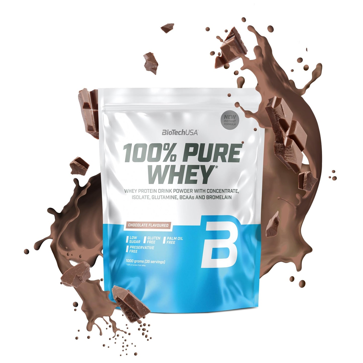 BioTechUSA 100% Pure Whey Complesso proteico del siero di latte con bromelina, aminoacidi, senza zuccheri aggiunti, senza olio di palma e con edulcorante, 1 kg, Cioccolato