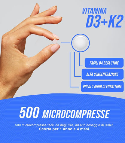 VITAMINA D3 K2 (Dura 1 anno e 4 mesi) 500 Micro-Compresse Alto Dosaggio e Assorbimento I Vitamina D3 Da 50 µg Da 2.000 U.I. + Vitamina K2 Da 100 µg | Senza Glutine, Lattosio, Zuccheri e Soia