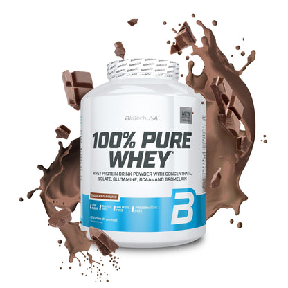 BioTechUSA 100% Pure Whey Complesso proteico del siero di latte con bromelina, aminoacidi, senza zuccheri aggiunti, senza olio di palma e con edulcorante, 1 kg, Cioccolato