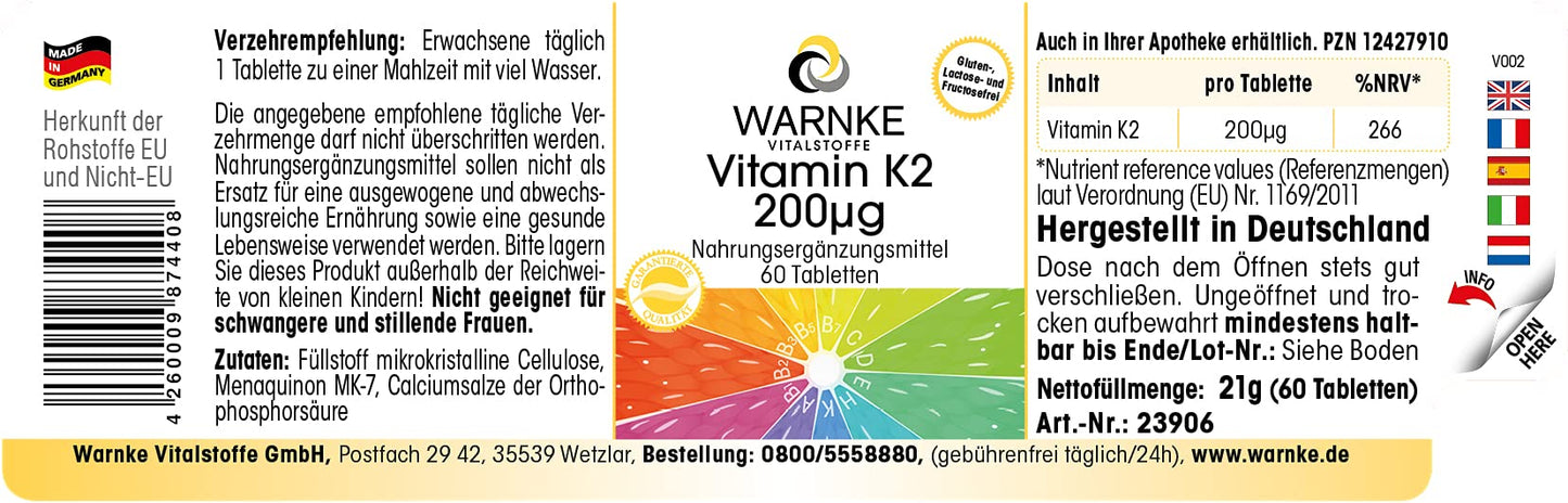 Vitamina k2 mk7 200 mcg - 60 compresse - Menachinone naturale MK-7 - vegano | Warnke Vitalstoffe - Qualità da farmacia tedesca