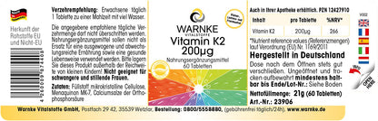 Vitamina k2 mk7 200 mcg - 60 compresse - Menachinone naturale MK-7 - vegano | Warnke Vitalstoffe - Qualità da farmacia tedesca