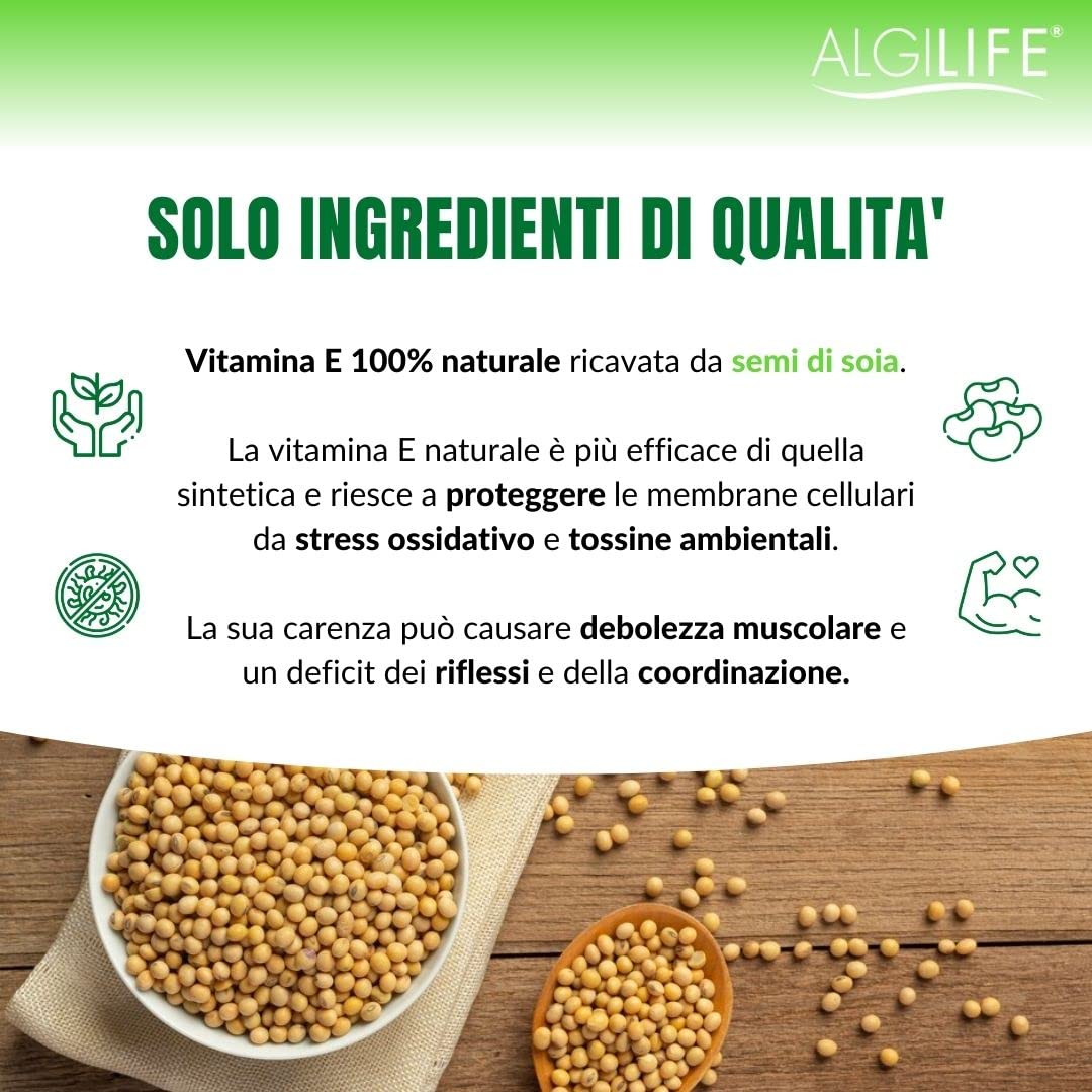 ALGILIFE Vitamina E | Integratore Vitamine E Pura Tocoferolo e Tocotrienolo | Antiossidante, 100% Naturale, Sviluppo e Mantenimento Funzione Nervosa e Muscolare (60 capsule vegetali, scorta 2 mesi)