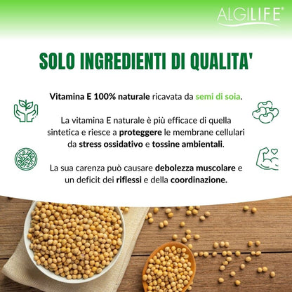 ALGILIFE Vitamina E | Integratore Vitamine E Pura Tocoferolo e Tocotrienolo | Antiossidante, 100% Naturale, Sviluppo e Mantenimento Funzione Nervosa e Muscolare (60 capsule vegetali, scorta 2 mesi)