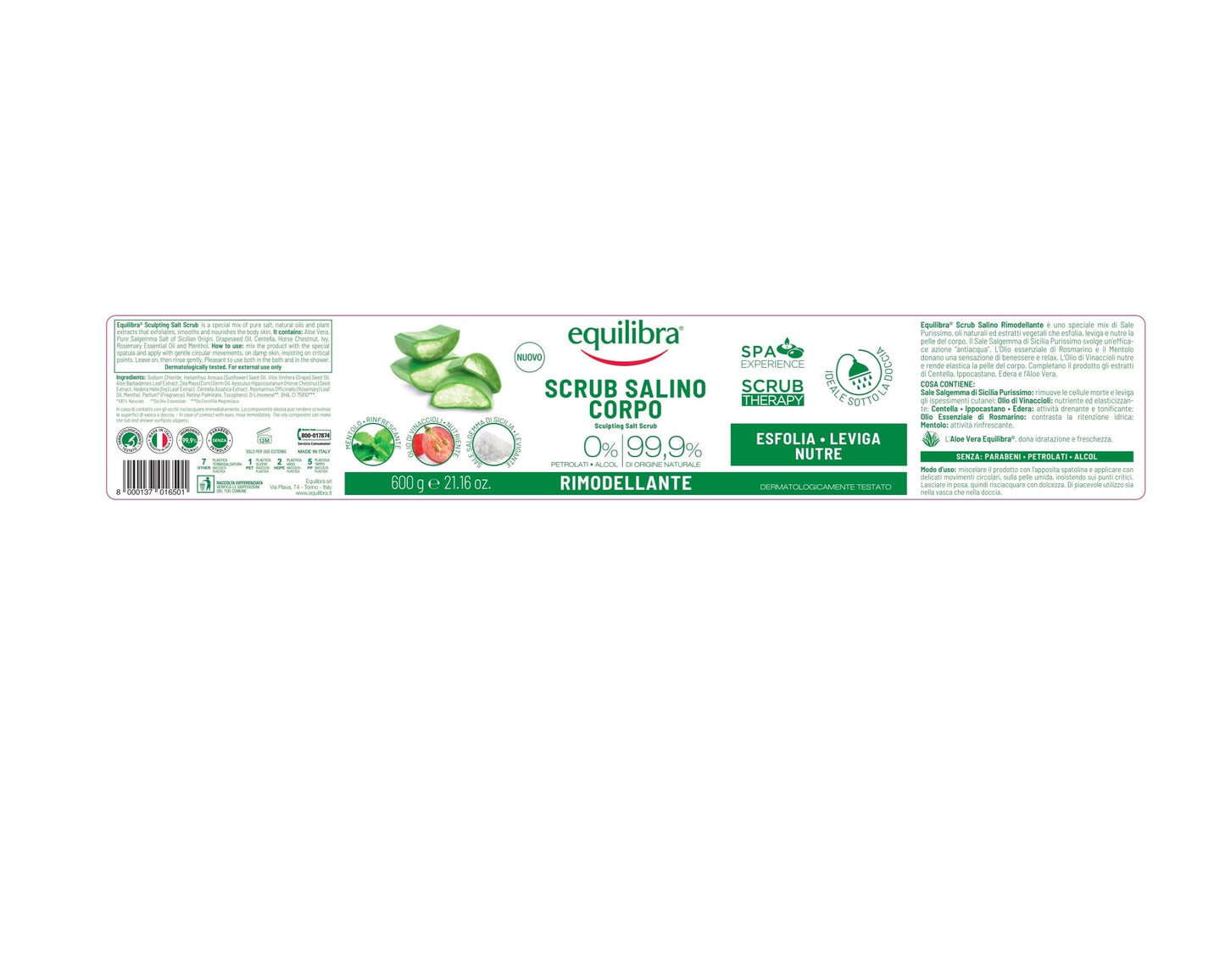 equilibra Scrub Salino Corpo Rimodellante, Esfoliante, 600 g, con Sale Salgemma di Sicilia Purissimo ad Azione Antiacqua e Aloe Vera, Oli Naturali ed Estratti Vegetali, Leviga e Nutre la Pelle