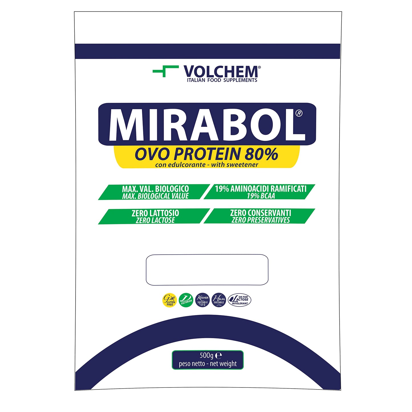 Volchem Mirabol Ovo Protein 80, Integratore Alimentare con Proteine dell'Uovo, 80% Purezza, 19% Aminoacidi Ramificati, Senza Lattosio e Conservanti, Barattolo con Polvere Solubile, Gusto Crema, 750 g