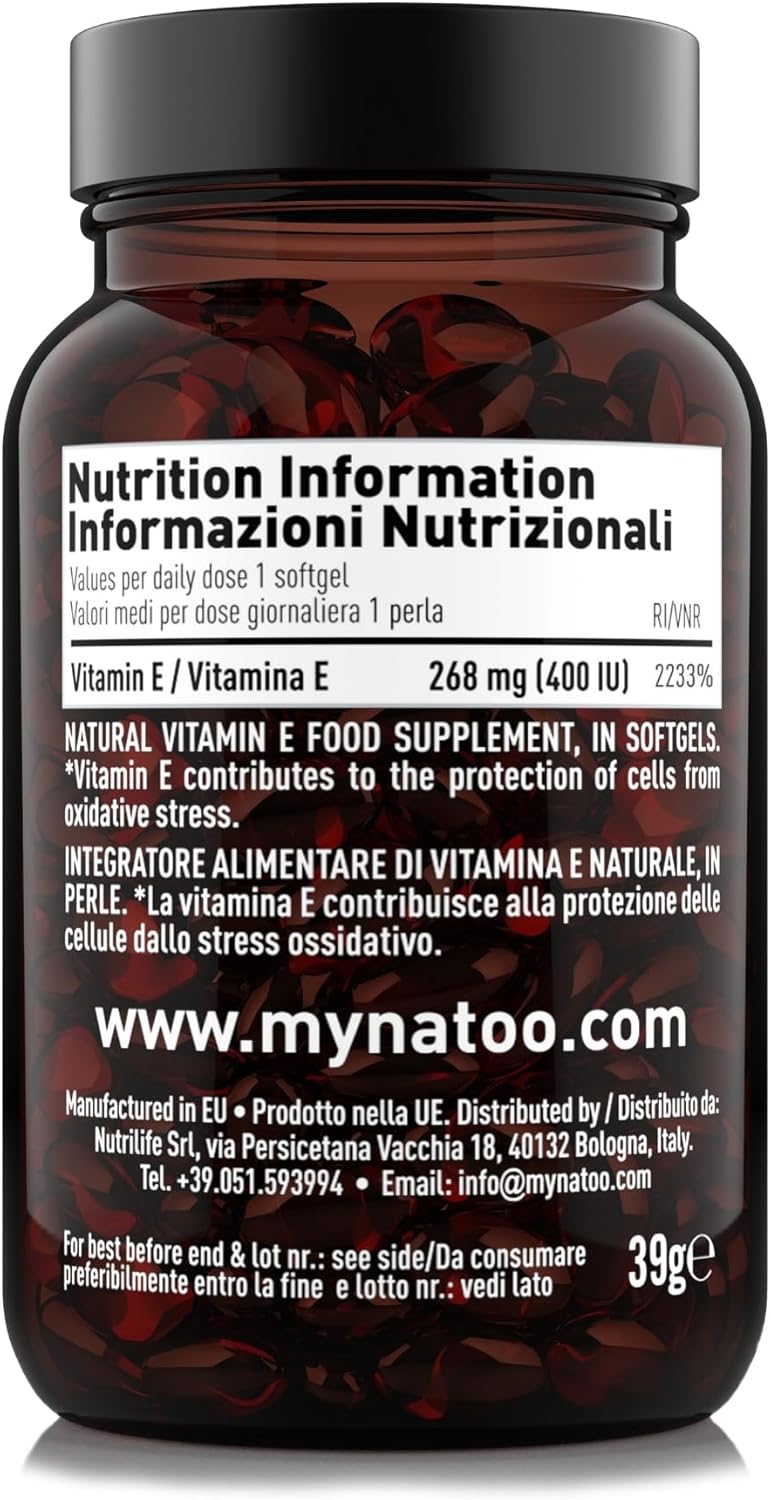 NÄTOO Vitamina E 268mg (400UI) Softgel 60 perle. Integratore naturale (D-Alfa-Tocoferolo) - Vitamina E Pura potente antiossidante - Alto dosaggio 2233% del VNR