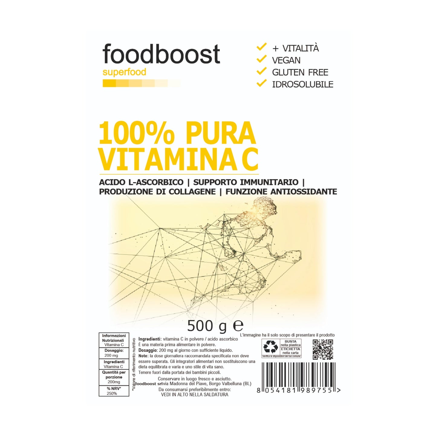 100% Vitamina C in polvere Pura 1 Kg - foodboost - senza additivi, conservanti, edulcoranti. Per Collagene, supporto immunitario, ossa e articolazioni. marchio di fiducia italiano