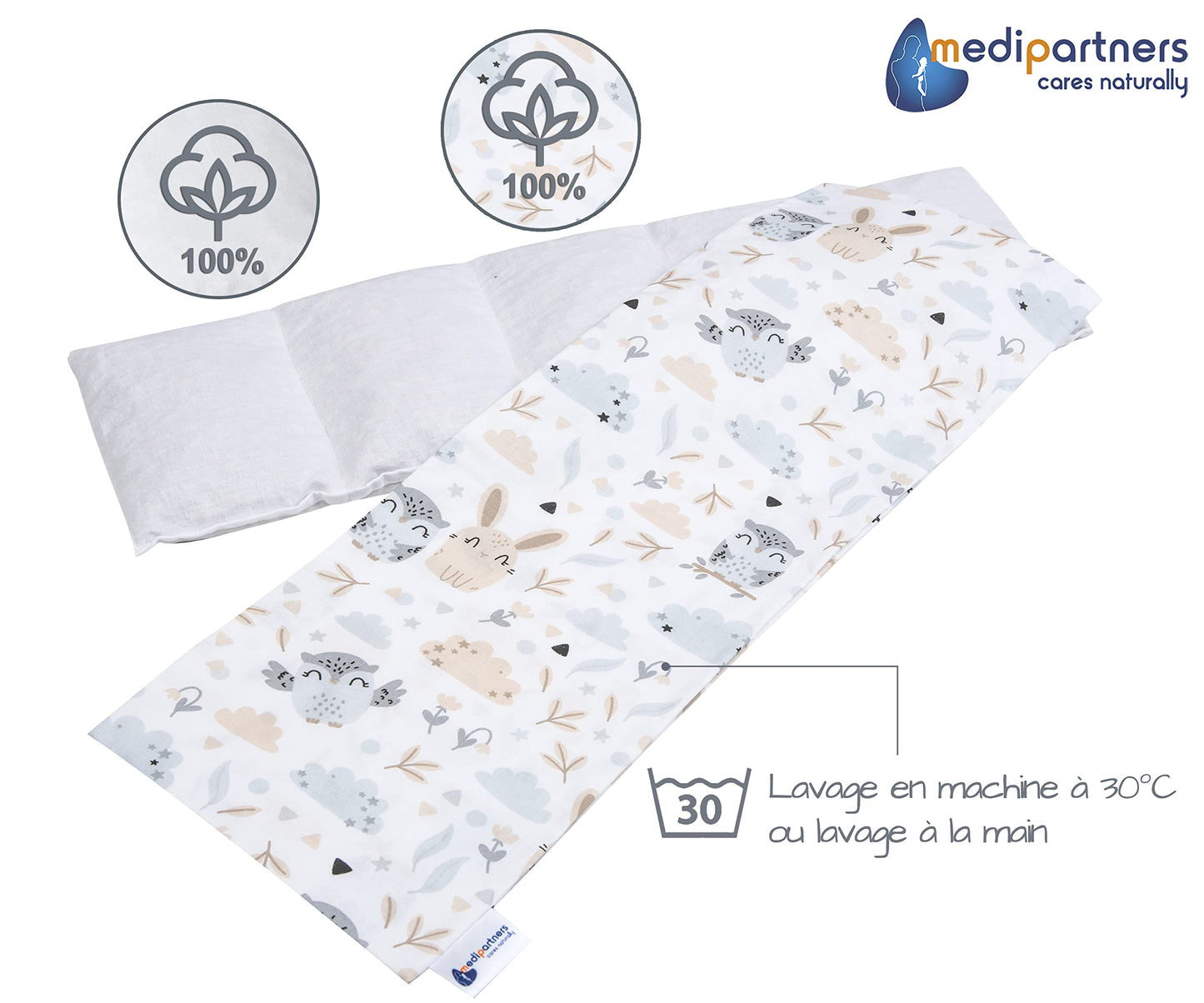 Medi Partners Cuscino Termico noccioli ciliegio 60x20cm 800g 100% Cotone 5 Camere Grande Terapia del freddo Federa sfoderabile (Stelle)