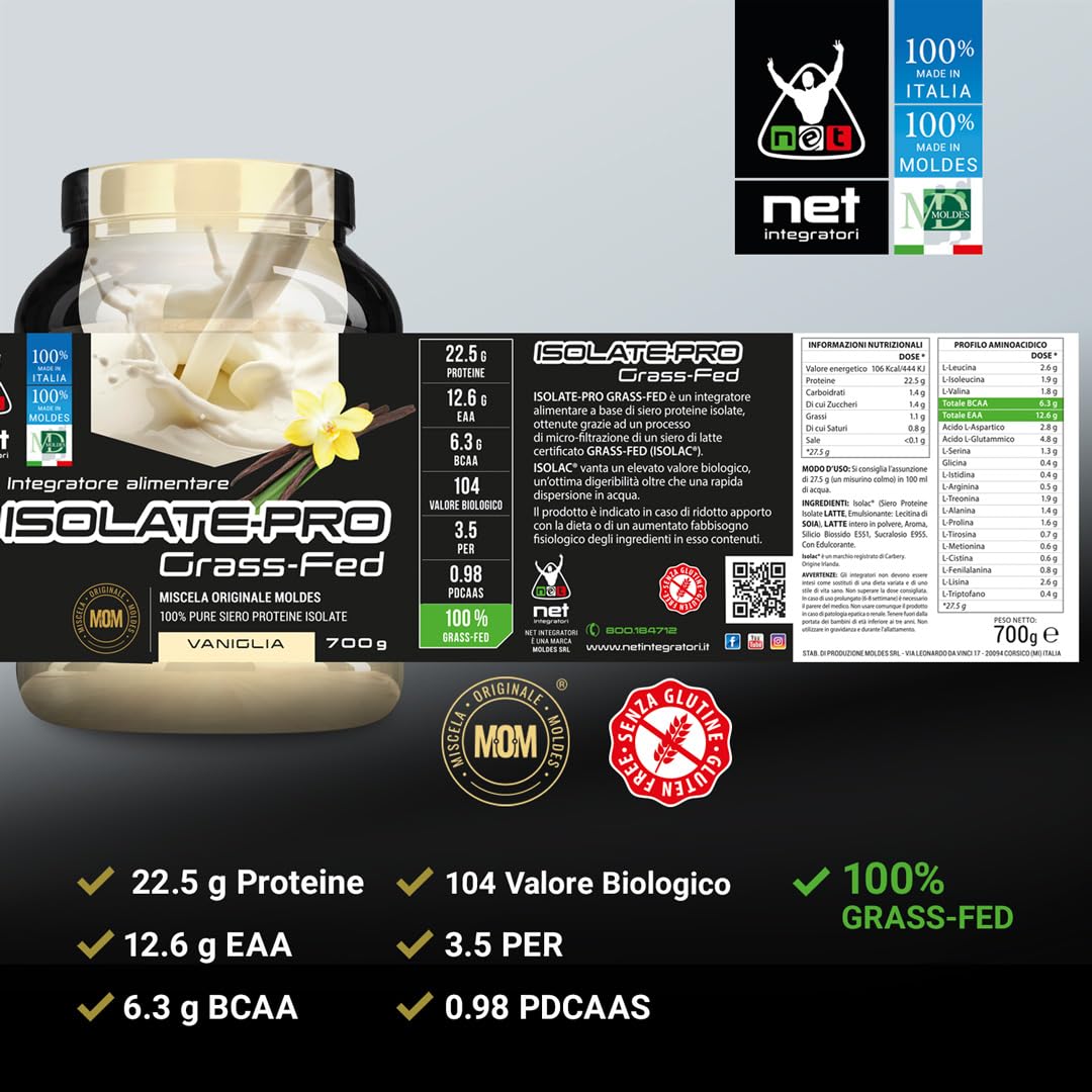 NET Integratori ISOLATE PRO Grass Fed - 700g Cioccolato - Proteine Isolate Con EAA Aminoacidi Essenziali e BCAA - Massimizza La Sintesi Proteica e La Crescita Muscolare