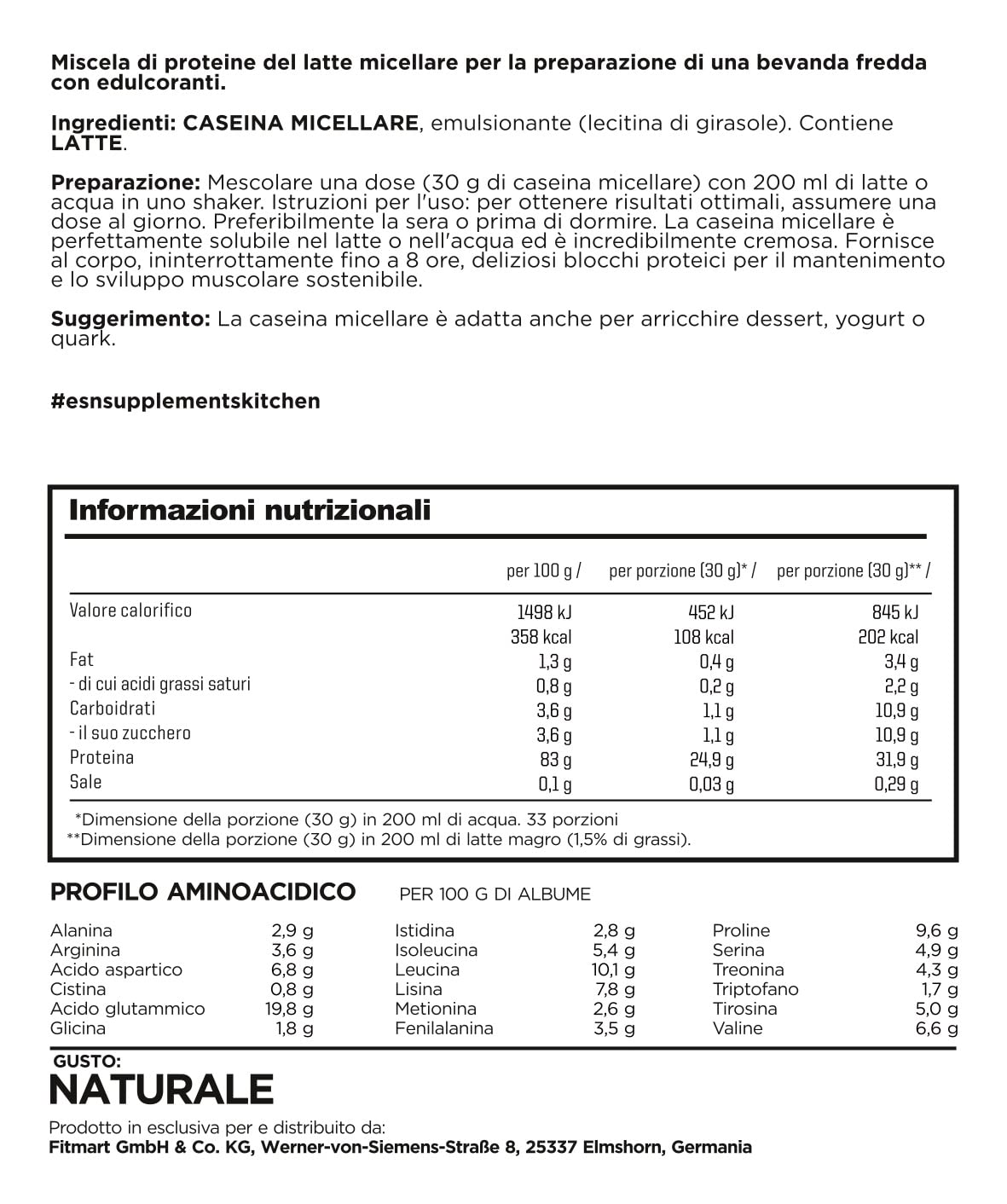 ESN Micellar Casein, Naturale, 1000g, Caseina in Polvere