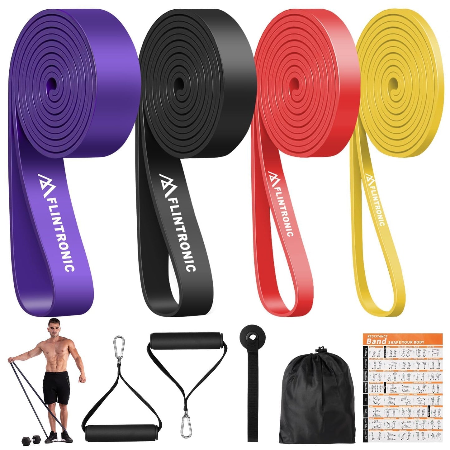 Flintronic Bande Elastiche Fitness, Elastico Fitness per Trazioni, 3/4 Diversi Diversi Livelli di Resistenza, Resistance Bands per Calisthenics, Elastici Palestra per Uomini Donne Fitness,Stretching