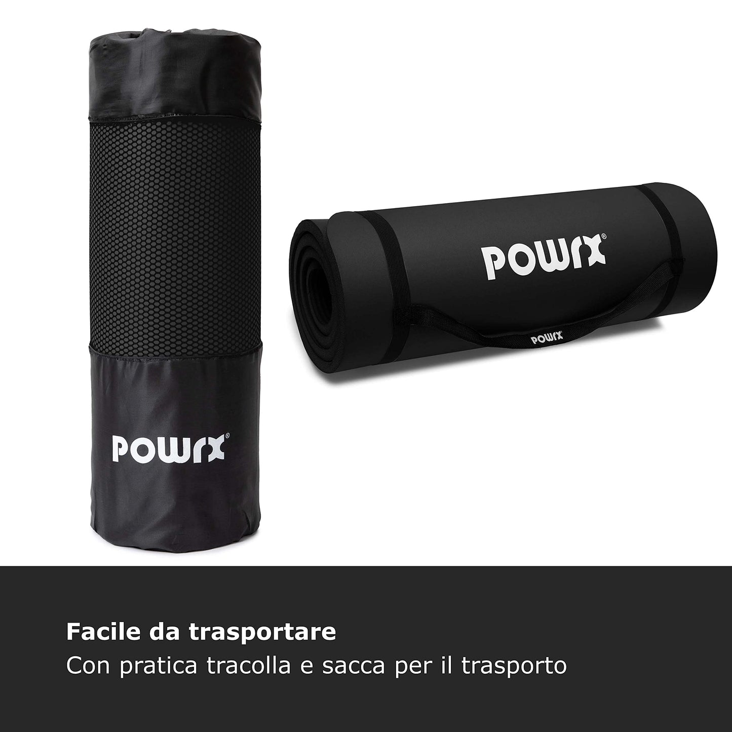 POWRX Tappetino Fitness Antiscivolo 190 x 60, 80, 100 cm - Ideale per Yoga, Pilates e Ginnastica - Extra Morbido e Spessore da 1,5 cm o 1 cm - Ecocompatibile con Tracolla e Sacca Trasporto + Poster