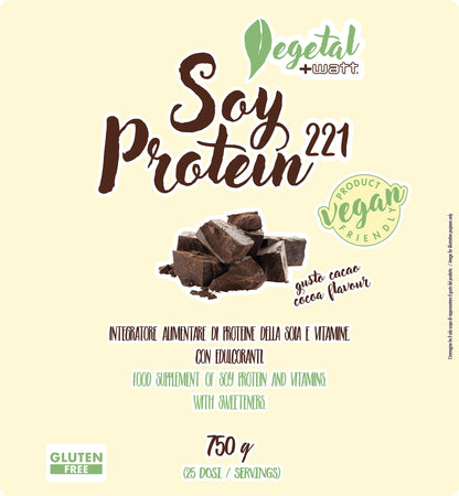 Soy protein 221 Formato 750g - integratore di proteine isolate della soia con aggiunta di vitamine. GLUTEN FREE 100% Vegetale - Valore biologico molto alto - Gusto cacao