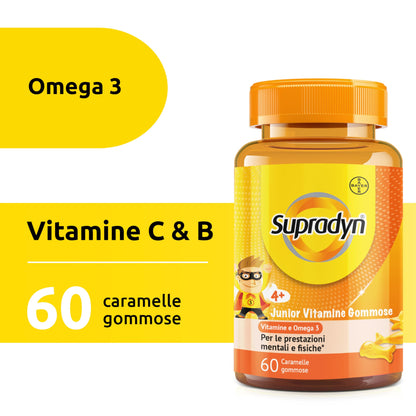 Supradyn Junior Vitamine Gommose Multivitaminico Bambini con Omega 3, Colina, B6, B12, Vitamina C e Niacina, per Integrare l'Alimentazione e Sostenere le Difese immunitarie, 60 Caramelle Gommose