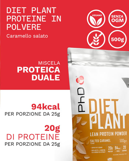 PhD Nutrition Diet Plant Proteine in polvere vegane 500g Caramello Salato, High Protein Powder con 20g di proteine per porzione, Con CLA e carnitina