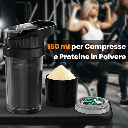 YISH Shaker Proteine Protein Shaker 500ml: Shaker Palestra con Scomparto Polvere 150ml con Tappo a Vite, Scala, Setaccio, a Prova di Perdite, per Proteine in Polvere Senza BPA, Inodore, Nero