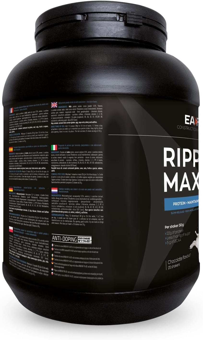 Eafit Ripped Max Casein, Proteine del Siero di Latte in Polvere, Crescita Muscolare, Elevata Dose di Proteine, 100% Caseina Micellare, Gusto Cioccolato, 750 g