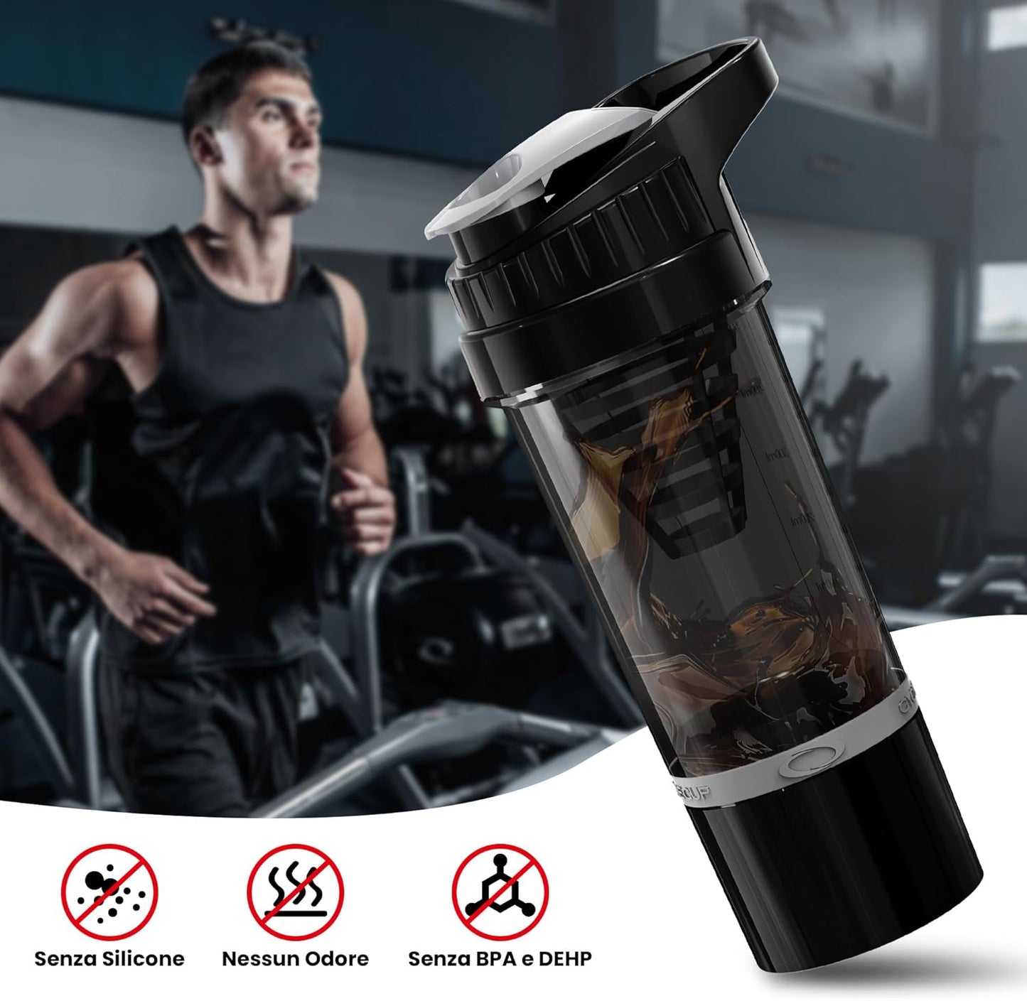 YISH Shaker Proteine Protein Shaker 500ml: Shaker Palestra con Scomparto Polvere 150ml con Tappo a Vite, Scala, Setaccio, a Prova di Perdite, per Proteine in Polvere Senza BPA, Inodore, Nero