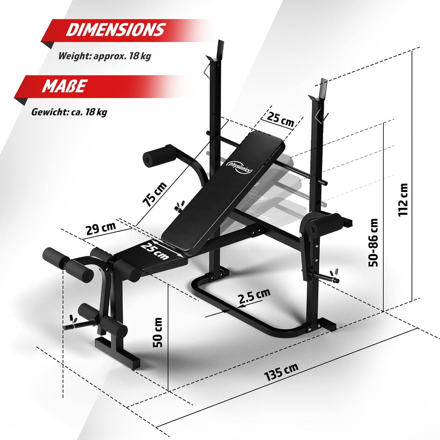 Physionics® Panca Multifunzione - Regolabile, con Stazione Butterfly, Estensioni delle Gambe e Portabilanciere, Carico Max. 255 kg - Panca Pesi, Stazione da Palestra, Fitness