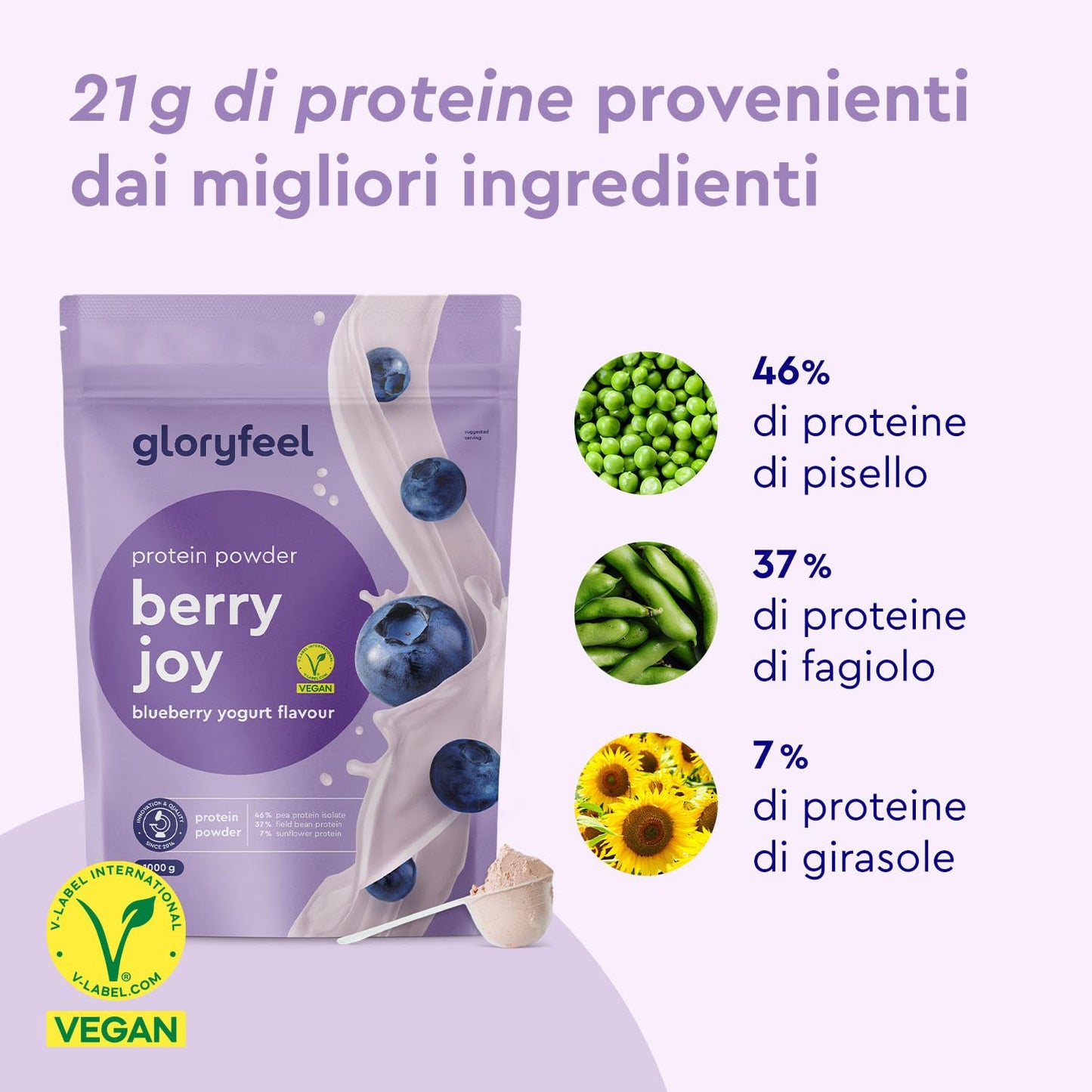 Proteine in Polvere Vegane 1 kg, 22 g Proteine, Gusto Vaniglia, Proteine Vegetali Isolate in Polvere di Pisello, Fagiolo e Girasole, Aumento e Crescita Muscolare*, senza Glutine, Zucchero e Lattosio