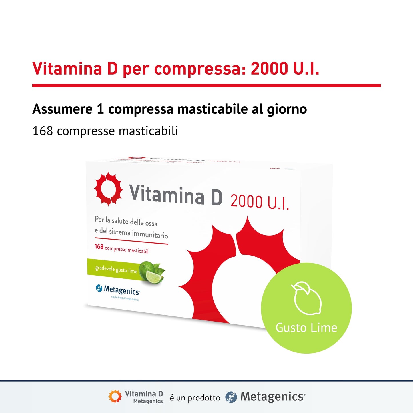 Metagenics Vitamina D 2000 U.I. - Integratore Sistema Immunitario - Per la Salute delle Ossa - 168 Compresse Masticabile